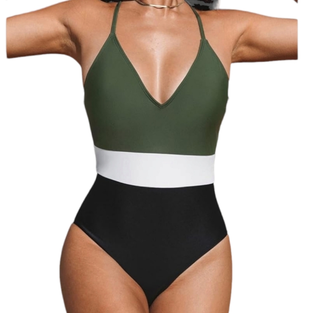 Cupshe Swimsuit One piece V Neck Cross Back Color Block Beach Swimwear US S